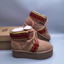 UGG sheep fur integrated snow boots 8492 thick soled ethnic style lace up women's boots secretly long height 8 ???? chestnut black green 35-40 size